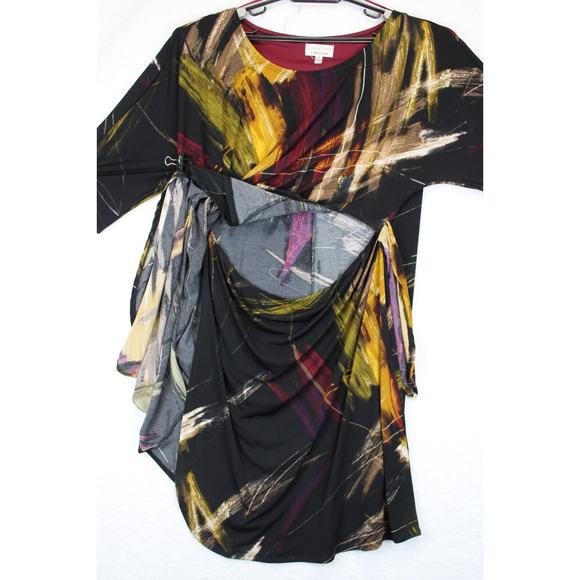Signature By Robbie Bee Dress Faux Wrap Knot Women 1X Black Printed 3/4 Sleeve - Picture 6 of 14